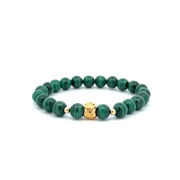 18K Gold Money Bag Lucky Charm Beads Bracelet Gemstones Malachite 7mm